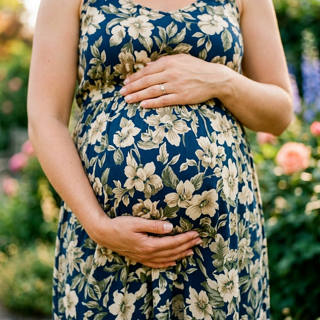Pregnant woman cradling belly with hands in blue floral dress